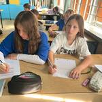 Uczniowie siedzą w ławkach i uzupełniaja karty pracy.jpg