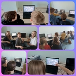 kolaż 6 zdjęć z uczniami siedzącymi przed laptopami.jpg