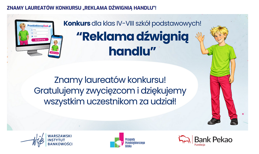 Plakat z grafiką chłopca i napisem reklama dżwignią handlu.PNG