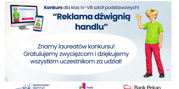Plakat z grafiką chłopca i napisem reklama dżwignią handlu.PNG