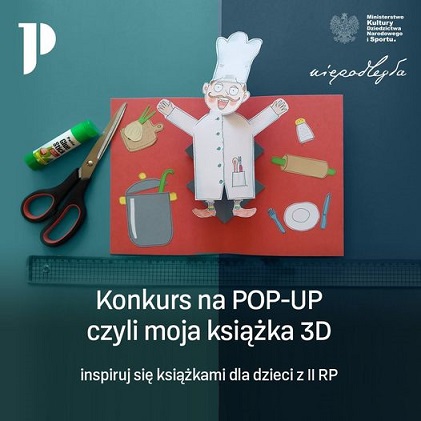 Kartka przedstawiająca kucharza, nożyczki, klej- zachęca do konkursu historycznego