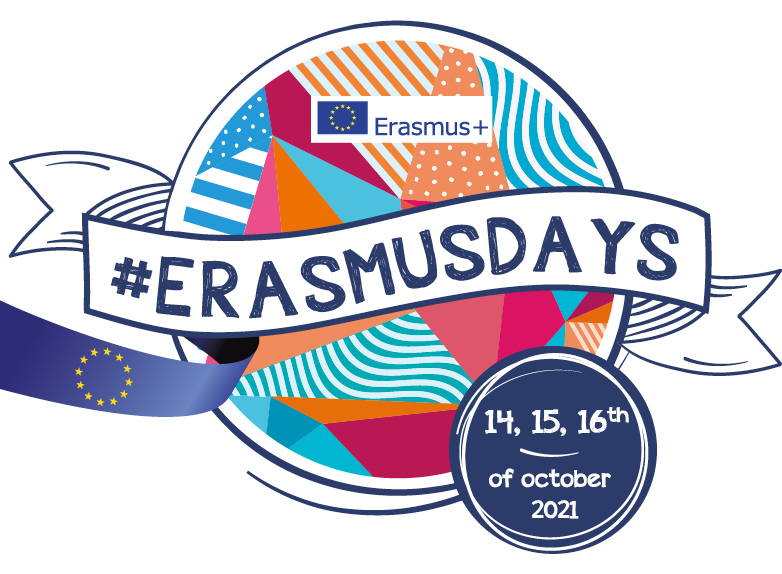 ERASMUSDAYS-LOGO na tle flagi UE i kolorowej kuli.