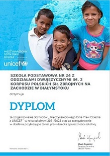 Dyplom UNICEF dla SP24 za udział w Międzynarodowym Dniu Praw Dziecka