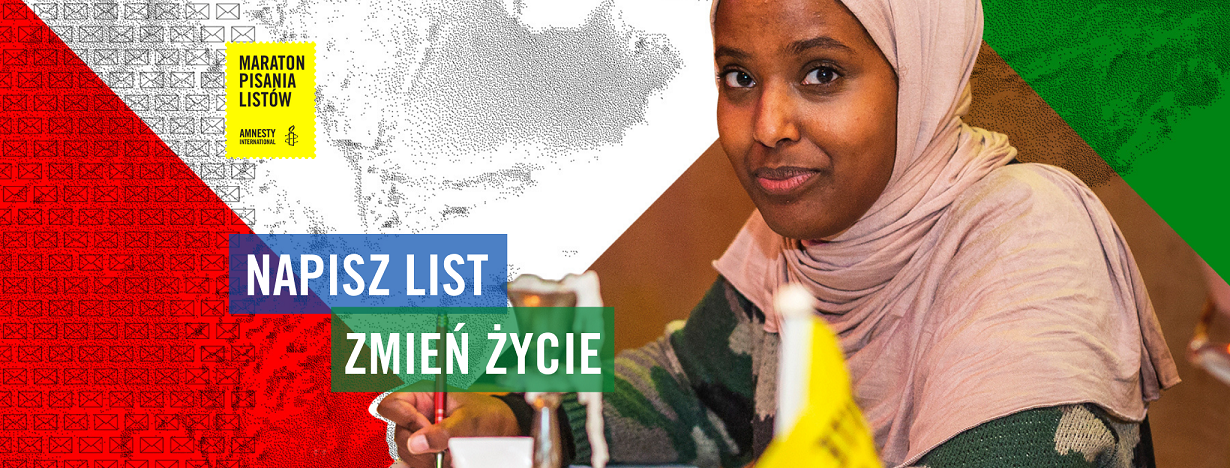 Napis z dziewczynką w hidżabie : Napisz list, zmień życie.