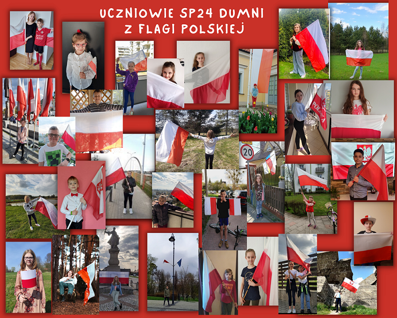 Kolaż uczniowie z flagą.