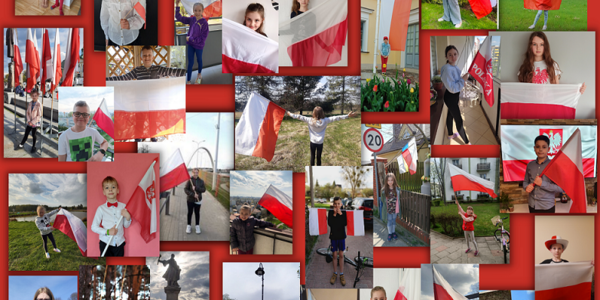 Kolaż uczniowie z flagą.