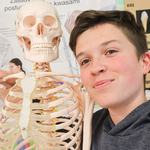 Uczeń stoi przy modelu szkieletu człowieka.