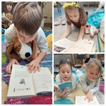 3 zdjęcia, na jednym dwie dziewczynki czytaja książki, na drugim dziewczynka ze skrzydłami pochylona nad książką, na 3 chłopiec leży i czyta książkę.