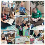 6 zdjęć z dziećmi czytającymi książki, dwóch chłopców siedzi nakolorowym dywanie, 4 dziewczynki siedzą lub leżą na dywanie, za nimi widać kwiatka w doniczce.