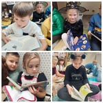 4 zdjęcia na których dzieci przbrane za postacie bajkowe czytają książ