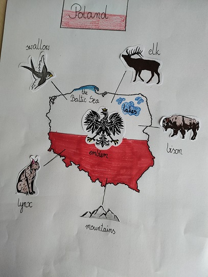 rysunek Polski ze zwierzętami.