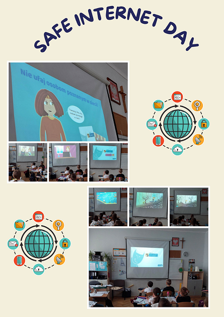 kolaż zdjęć uczniów w klasie z napisem Safe Internet Day