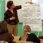 Pani edukatorka pokazuje informacje zapisane na dużym arkuszu papieru.