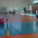 Uczniowie wykonują ćwiczenia na hali sportowej.