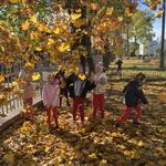 Kilkoro dzieci stoi pod drzewem wśród kolorowych liści jesieni..jpg