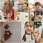 Kolaż 5 zdjęć z  dziećmi zdobiącymi pierniki oraz gotowymi piernikami w kształcie choinki..jpg