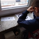Uczen na parapecie przy oknie patrzy na kartki..jpg